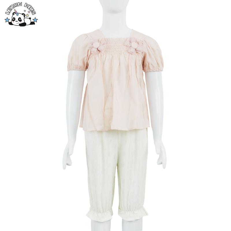 Wholesale High Quality Cute Flower Puff Sleeve Casual Summer 2pc Girls Clothing Sets for 11 Years Old