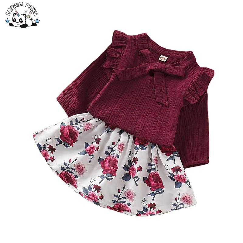 Custom Children’s Clothing Long Sleeved Tops Printed Skirt Two Piece Body Suit Girls Suit in Red