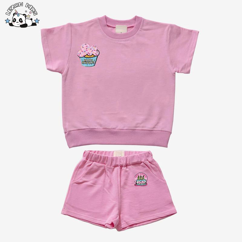 New Product Explosion Cake and  Candles Printing Set Girls Summer Clothing Sets for 1 to 7 Years