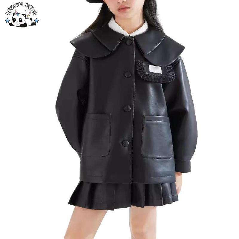 High Quality Spring Doll Collar Leather Suit Cool Girl Two-piece Pleated Leather Skirt Set
