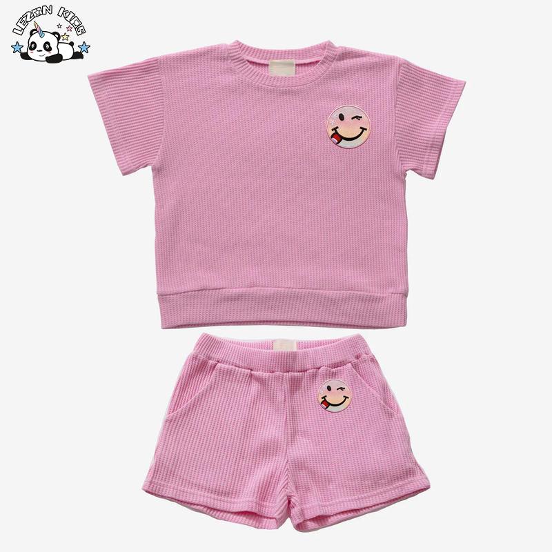 Customizable New Product Explosion Pure pink Smiling Face Casual Clothing 2pcs Girl Outfit Set