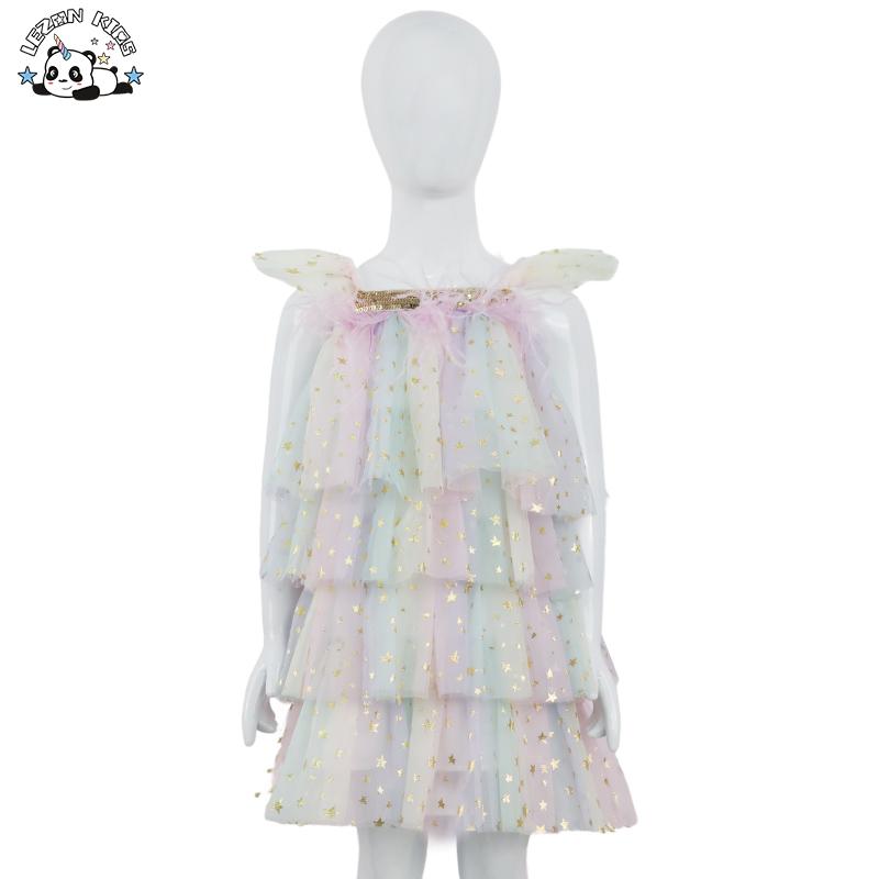 OEM Customization New 2024 Girls’ Sling Fly Sleeve Layered Shiny Star Print Cake Dress Beautiful Feather Dress