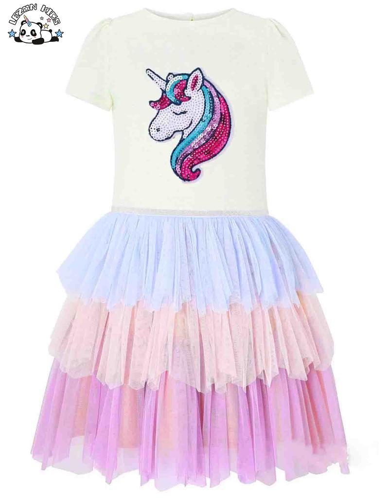 Customizable Sequined Embroidery Unicorn Heart Layers Summer Tulle Girls Dresses