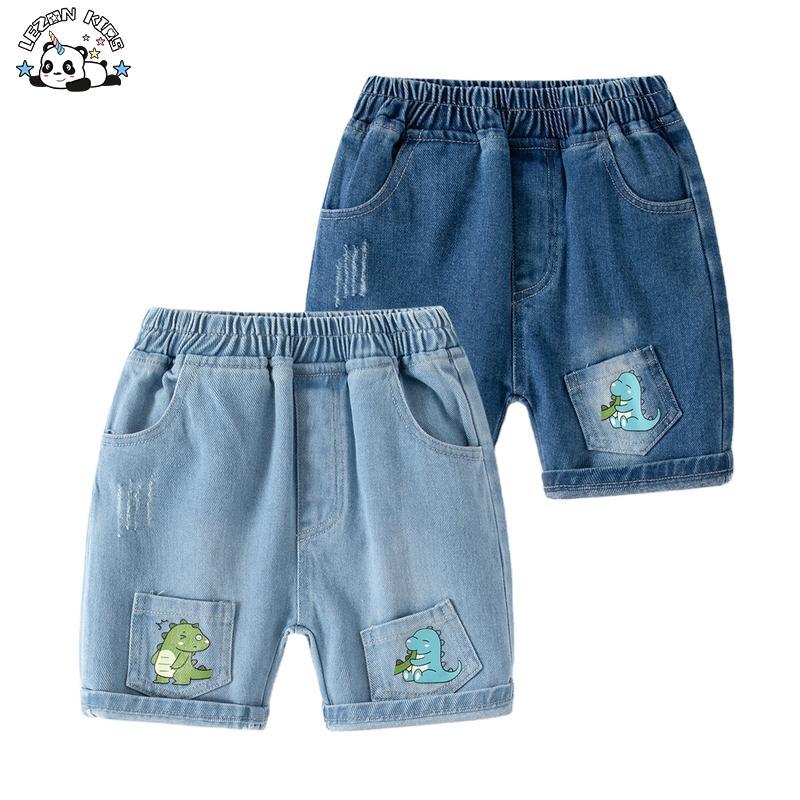 Customizable Summer Elastic Waistband Denim Dinosaur Print Kids Boy Short