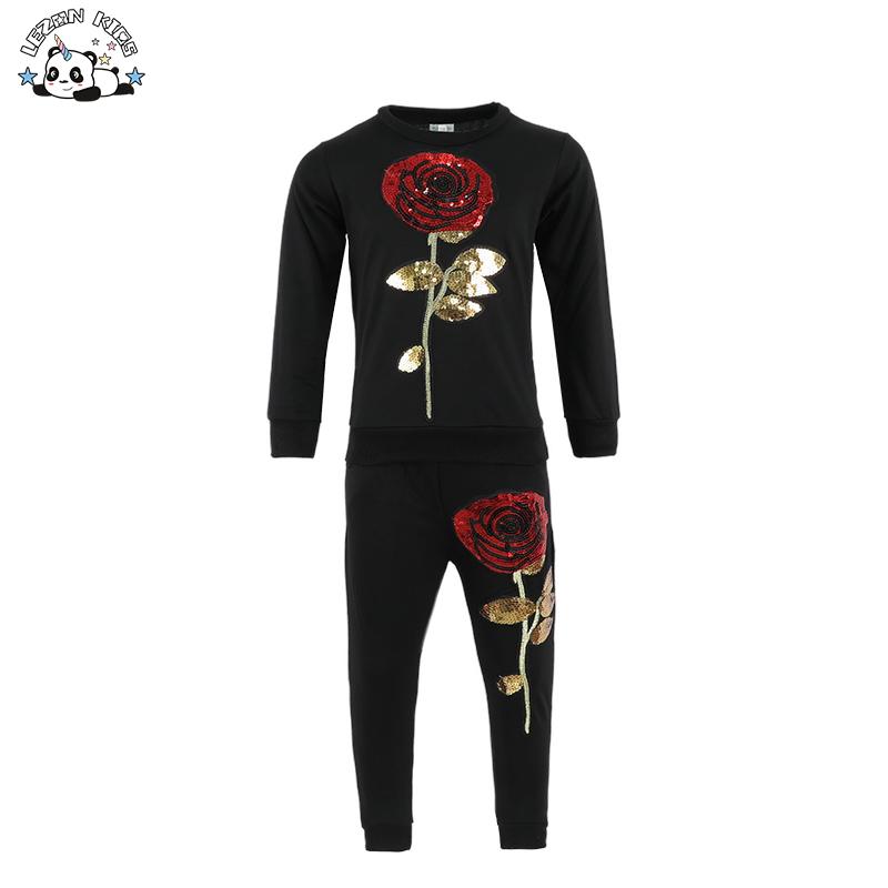 Customized Girls’ Clothing Long Sleeve Sequined Flower Hoodie Sets