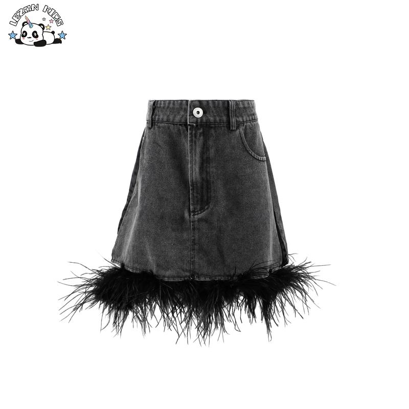 Customized Children’s Clothing Girls’ High Quality Denim Skirt Detachable Feather Denim Skirt