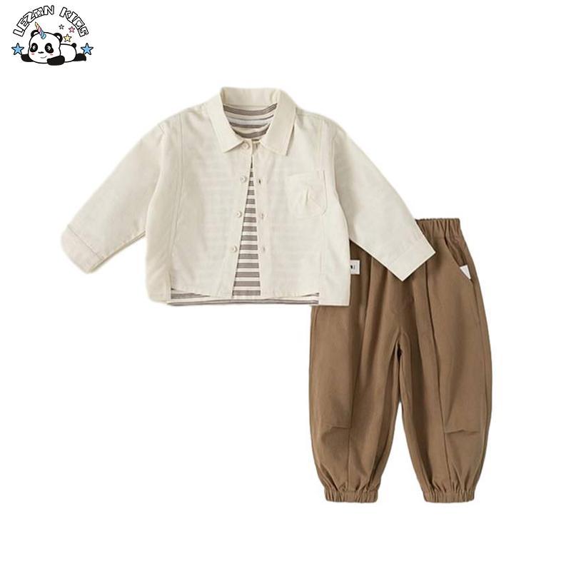Customizable Stylish Long Sleeve Solid Shirt Jacket and Pants Two Pieces Boys Clothing Sets 2-14 Years