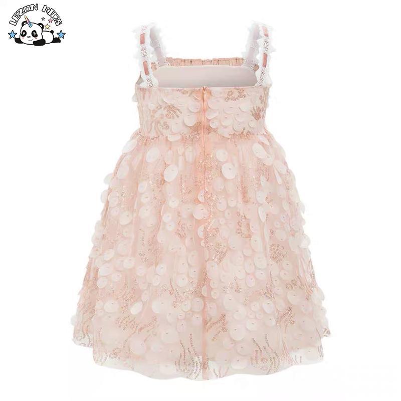 Customizable Sparkle Iridescent Suspender Floral Sequin Girls Tulle Dress for Summer