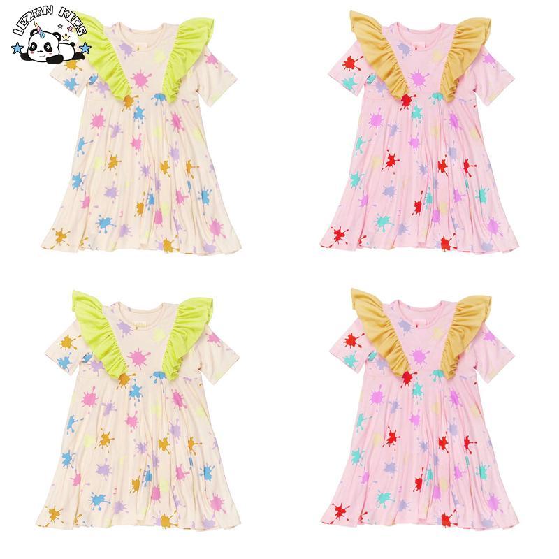 Customizable Latest Design Color Block Ruffle Sleeves Casual Girls Dresses