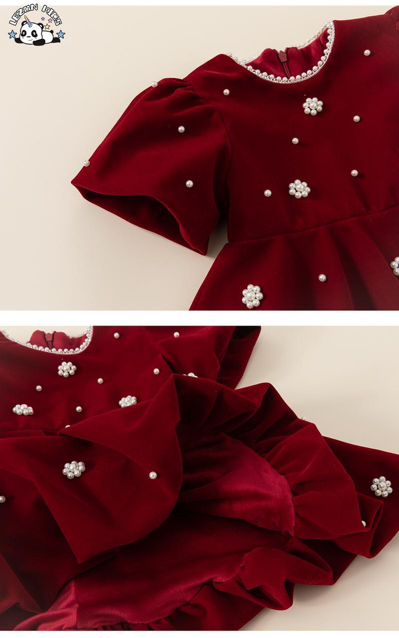 Customizable Wholesale Custom Fleece Puff Sleeve Beads Red Girls Party Dress