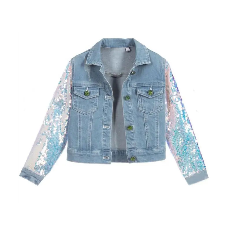 OEM Custom Girls Blazer Big Bow Sparkle Sequin Sleeves Denim Jacket