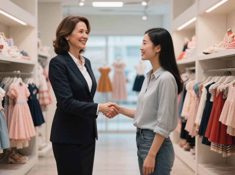 an usa business woman shake hands with a Chinese children clothing sales in showroom