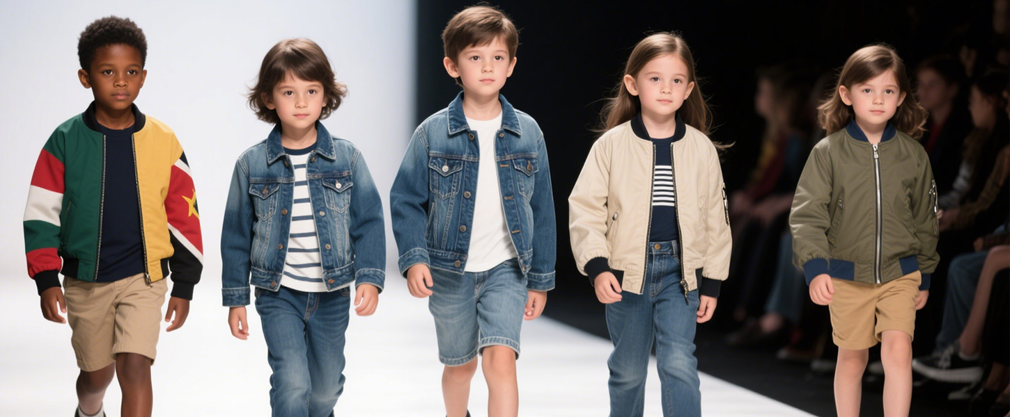 Boy and girl models from different countries are showcasing the autumn and winter jacket collection on the catwalk.