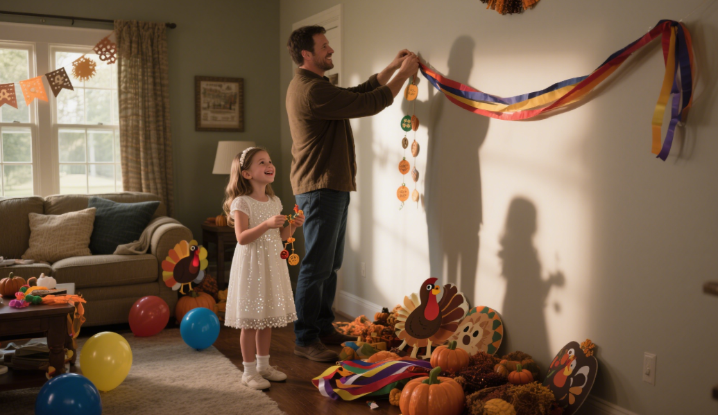 On Thanksgiving Day, a little girl dressed in a beaded dress and decorated the house with her father