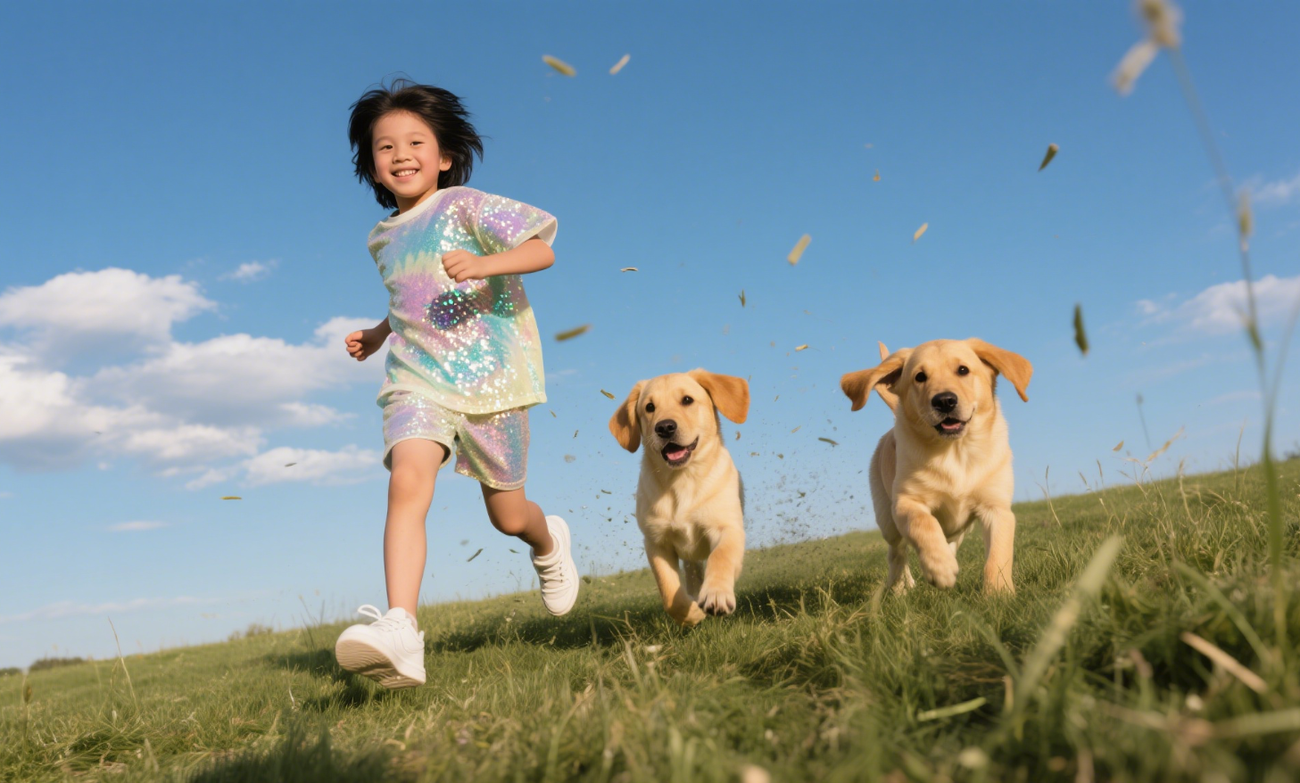 The childrens is running with his puppy companion. He's wearing a sequined clothing.